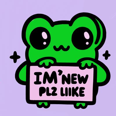 cute frog holding sign saying “i’m new plz like”
