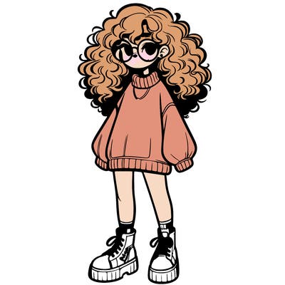 a realistic girl with curly hair in a oversized sweater with glasses and platform sneakers