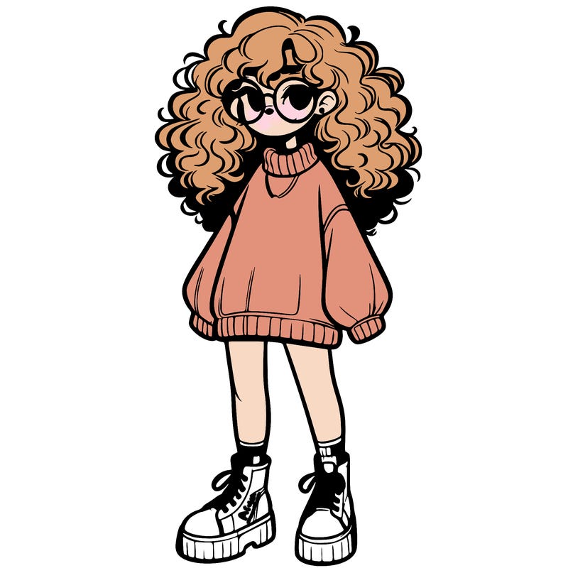 a realistic girl with curly hair in a oversized sweater with glasses and platform sneakers