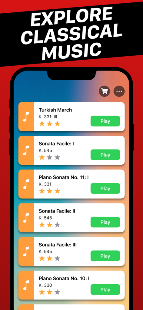 A mobile app screen displaying a list of classical piano pieces by Mozart with green play buttons and star ratings.