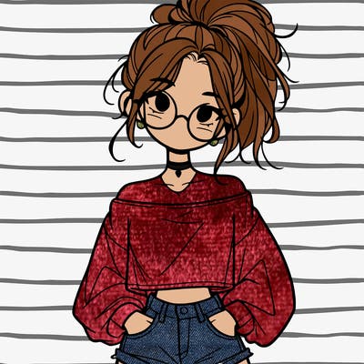 girl with a messy ponytail glasses a baggy crop top and jean shorts