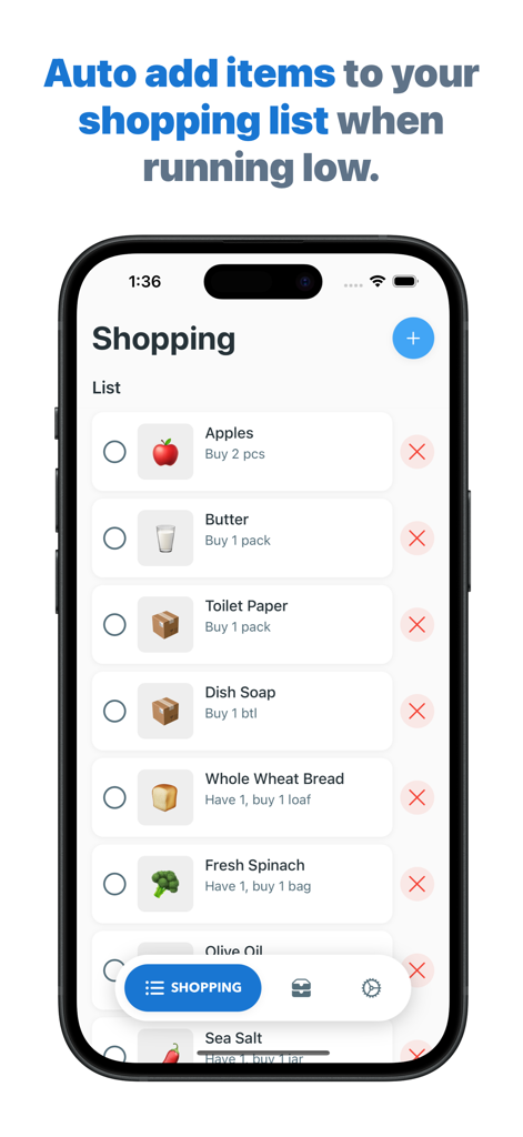 Pantry Inventory - Panzy - Pantalla de iPhone que muestra la lista de compras automatizada de la aplicación Panzy con artículos de bajo stock como manzanas y mantequilla