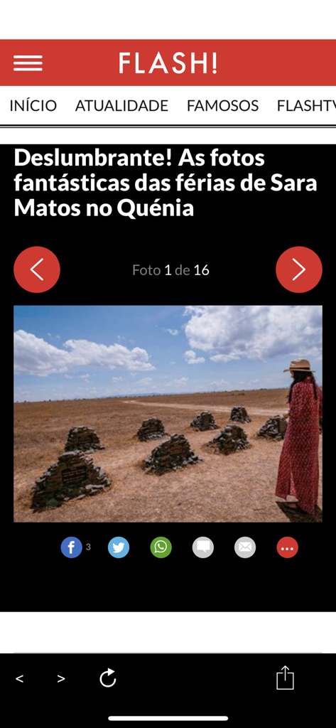 Captura de pantalla de la aplicación de noticias Flash mostrando una galería de fotos de las vacaciones de una celebridad en Kenia