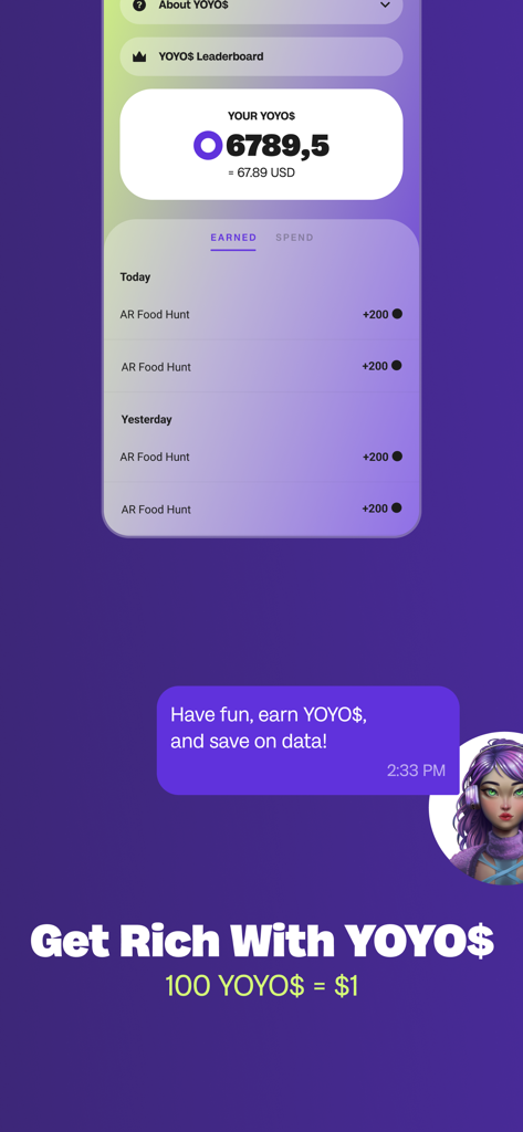 Global YO: eSIM+ & Travel Data - Interfaz de la aplicación Global YO mostrando el saldo de recompensas YOYO$ y la conversión de puntos
