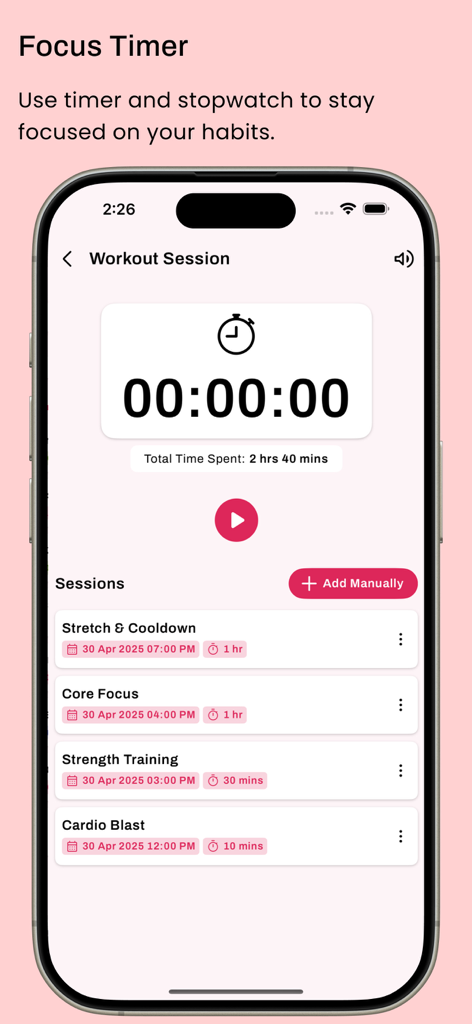 Habit Tracker - HabitGenius - Pantalla del temporizador de enfoque de HabitGenius que muestra el seguimiento de la sesión de entrenamiento con una lista de ejercicios anteriores