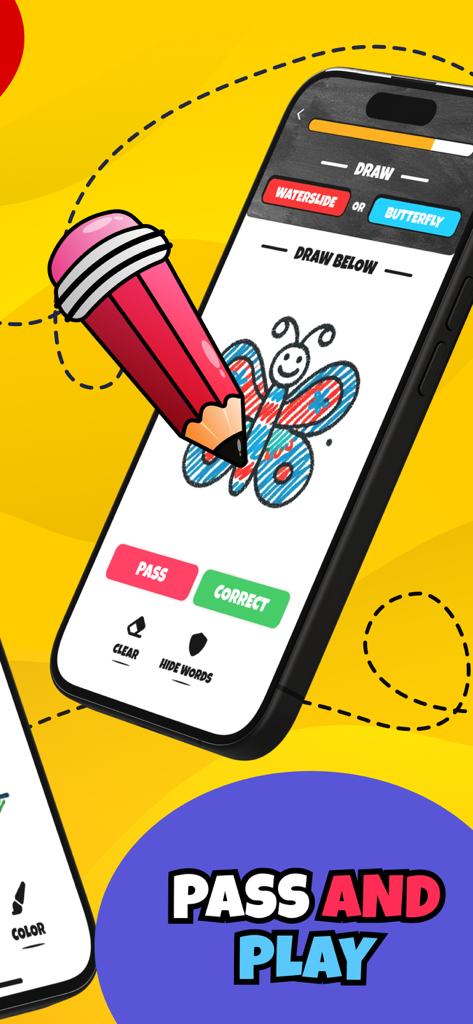 Pantalla de smartphone que muestra una mariposa dibujada a mano en el juego Draw N Guess Multiplayer con texto de pasar y jugar