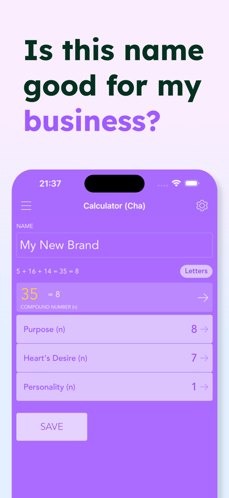 Pocket Numerology Pro - Pocket Numerology Pro app interface showing business name calculation for brand optimization