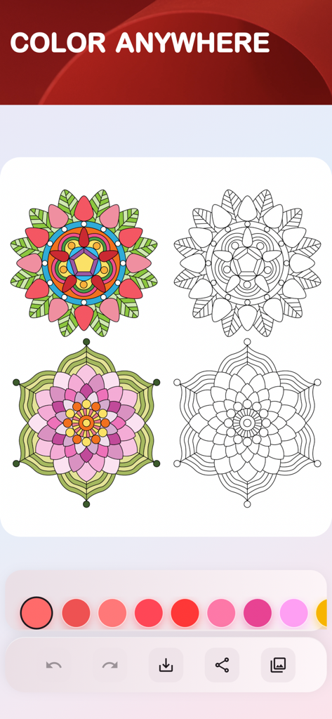 Satisfying Coloring ASMR - 꽃 만다라와 분홍색 색상 팔레트를 특징으로 하는 디지털 색칠 앱 인터페이스