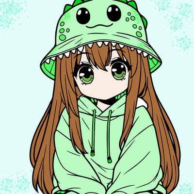 girl with anime shaped eyes with a dinosaur bucket hat oversized sweatshirt long straight hair