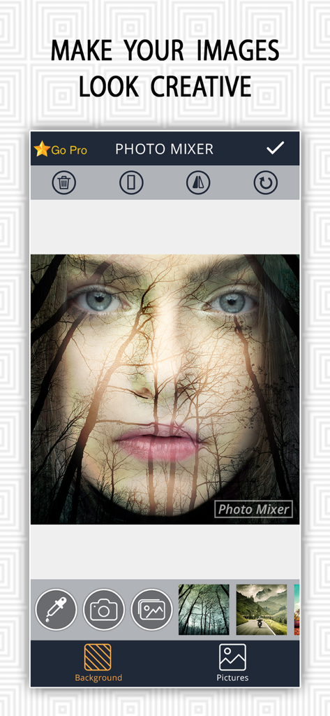 A mobile app interface demonstrating a creative double exposure effect blending a womans face with a forest background.