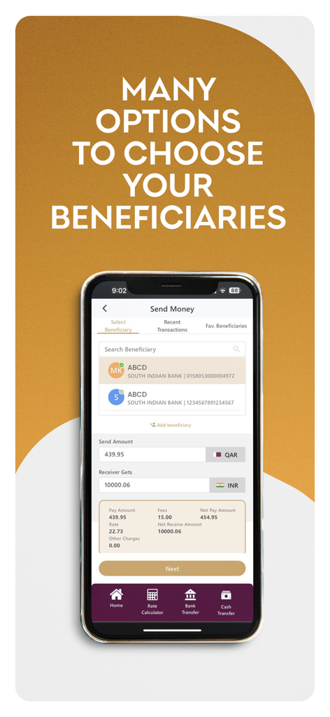 City Exchange Remit Online - City Exchange Remit Online app interface showing beneficiary selection and QAR to INR currency conversion