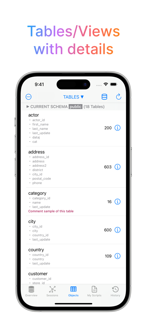 Interface of SQL Server Mobile Client PRO app displaying a list of database tables and views with schema details on an iPhone.