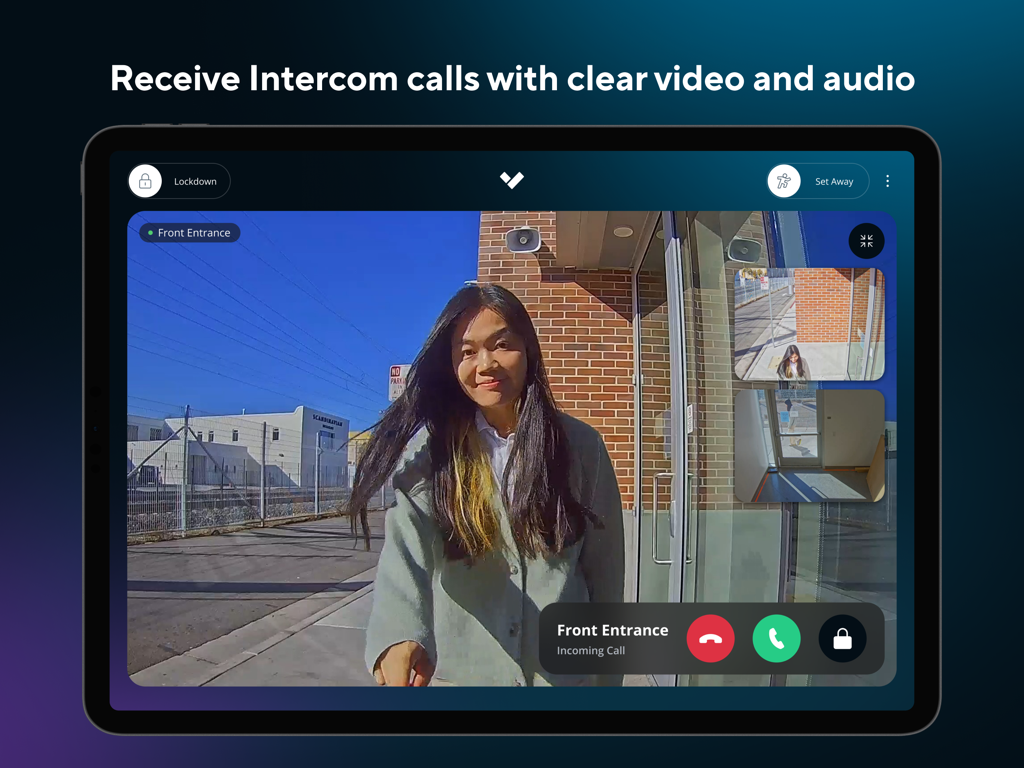 Verkada Desk Station - Verkada Desk Station iPad app displaying an incoming intercom video call from a front entrance