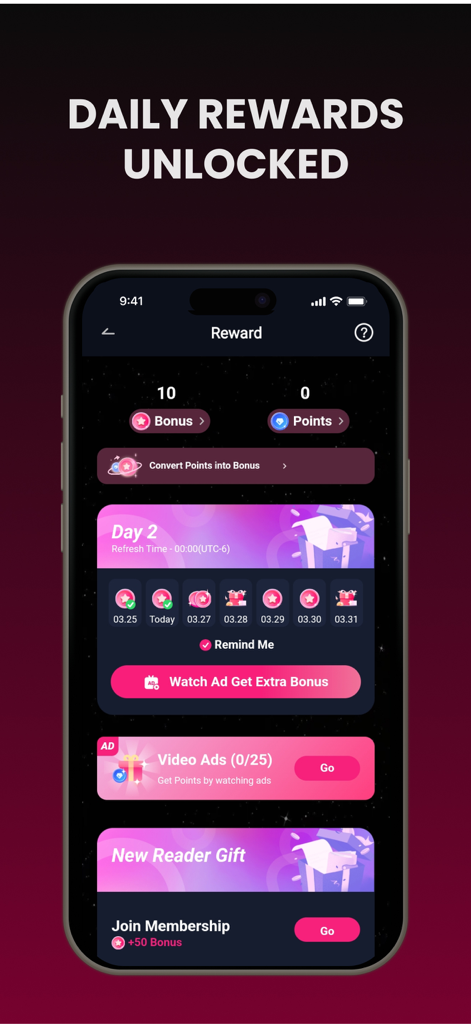 Readora app screenshot showing the daily rewards dashboard with bonus points and check-in calendar