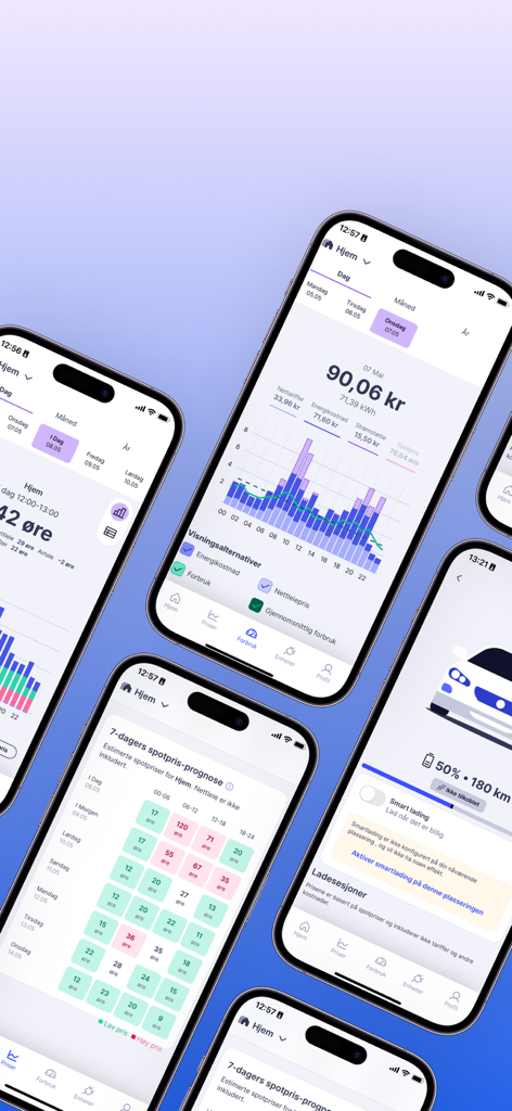 Varias pantallas de smartphone mostrando la aplicación Elekt con pronósticos de precios de electricidad, gráficos de consumo de energía e integración de carga de vehículos eléctricos.