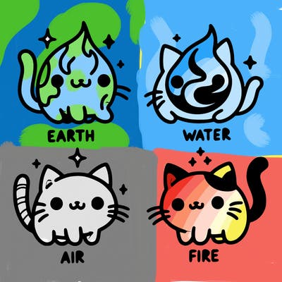 4 cats that represent the different elements, earth, water, air, and fire