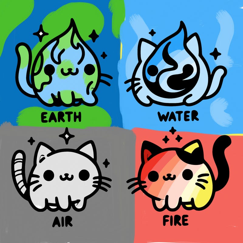 4 cats that represent the different elements, earth, water, air, and fire