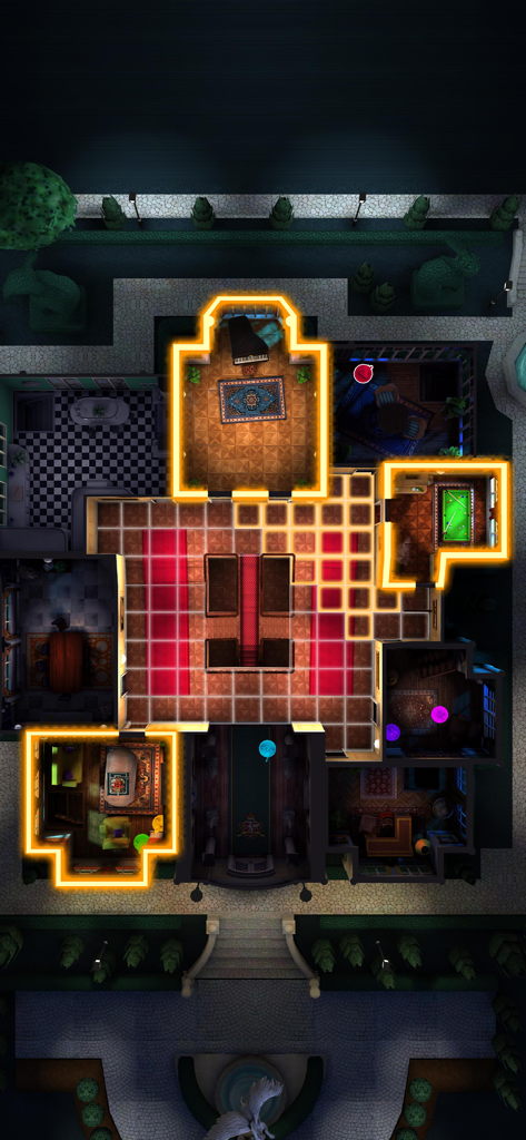 Clue: Classic Edition - Top down perspective of the 3D mansion board in Clue Classic Edition showing highlighted rooms