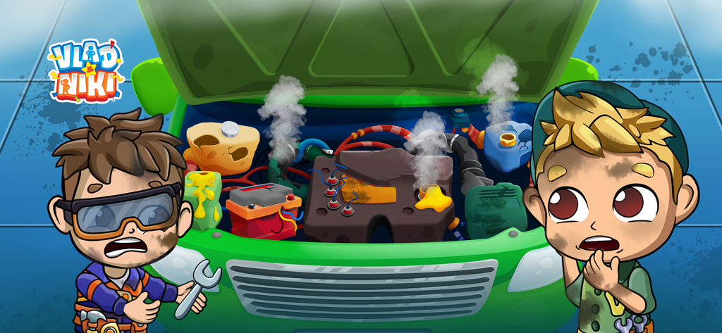 Die Figuren Vlad und Niki blicken besorgt auf einen kaputten, rauchenden Automotor