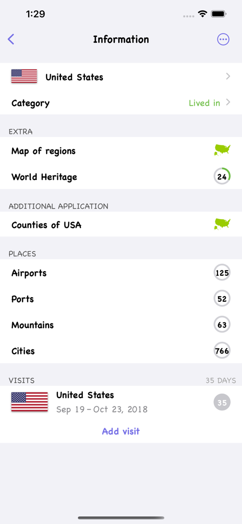 Mark O'Travel app interface showing travel stats for the United States including visited cities and airports