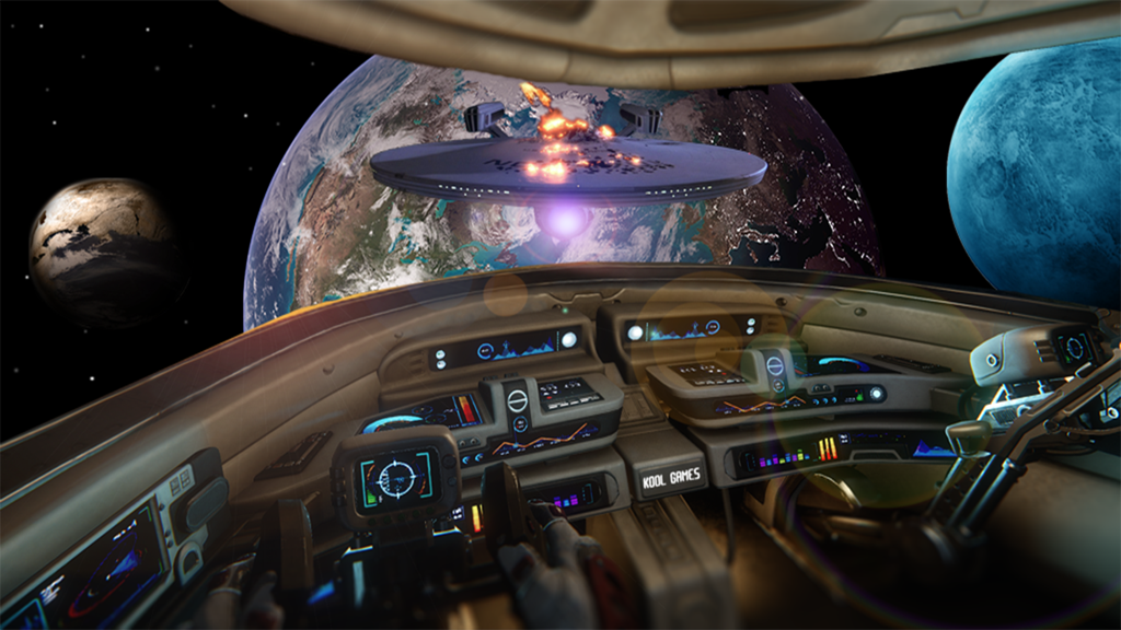 Flying Saucer Universe Defence : Best War Game for Defense of Galaxy Planets - Vista de cabina en primera persona de un platillo volador en el espacio con planetas de fondo