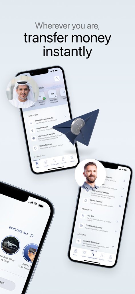 ENBD X - Interface do aplicativo de mobile banking ENBD X mostrando recursos de transferência e pagamento de dinheiro instantâneos em vários smartphones.