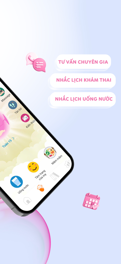 Momigo mobile app interface with reminders for pregnancy check-ups and expert advice.