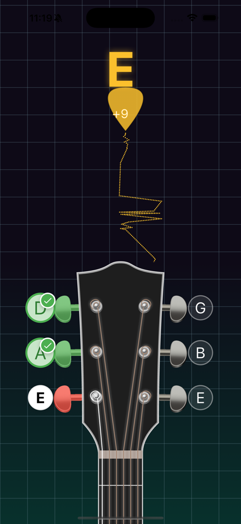 Guitar Tuner - 6 strings - Guitar tuner app interface displaying string tuning status and pitch detection