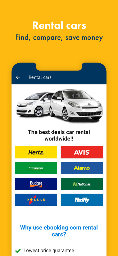 Interfaccia dell'app mobile di eBooking per il confronto dei noleggi auto con marchi principali come Hertz e Avis