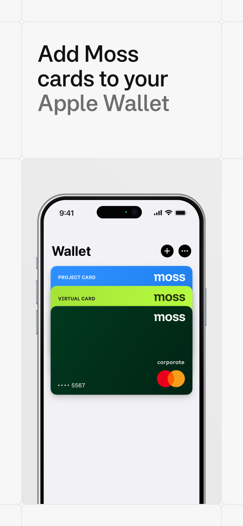 Moss corporate credit cards displayed within the Apple Wallet app on an iPhone.