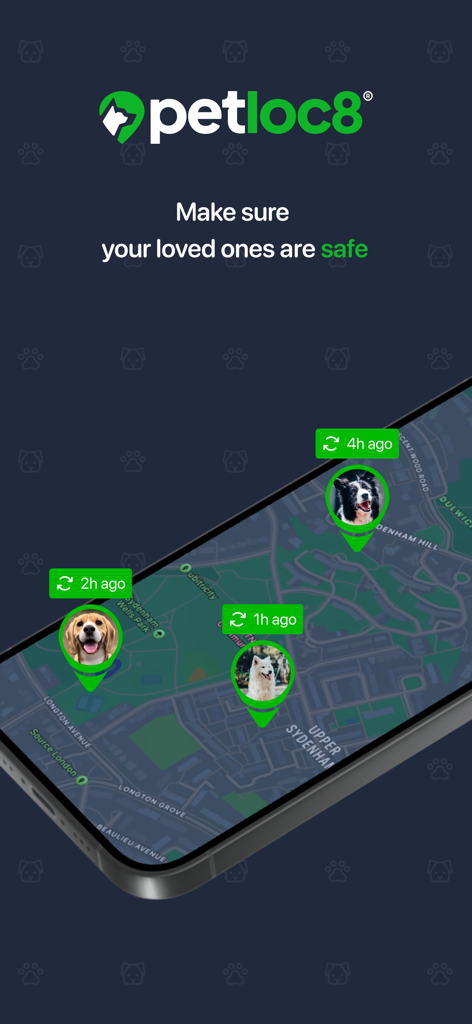 Petloc8 - Bildschirm eines Smartphones, das die Petloc8-App mit Live-GPS-Tracking mehrerer Haustiere auf einer Karte anzeigt
