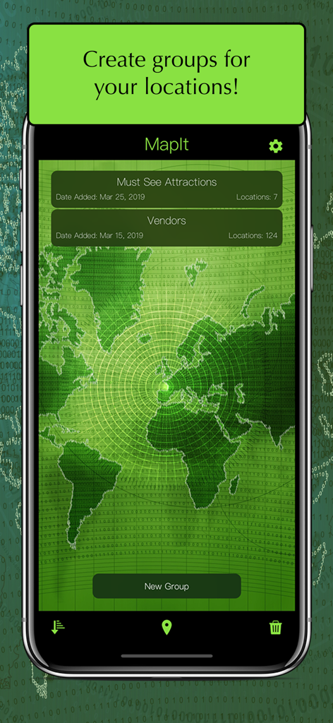 MapIt - Map Multiple Locations - MapIt app interface showing how to organize multiple locations into custom groups like Attractions and Vendors
