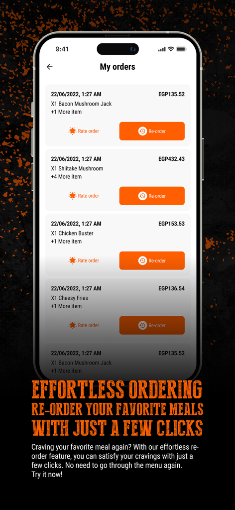 再注文ボタン付きの過去の注文リストを表示するBuffalo Burgerアプリのインターフェース