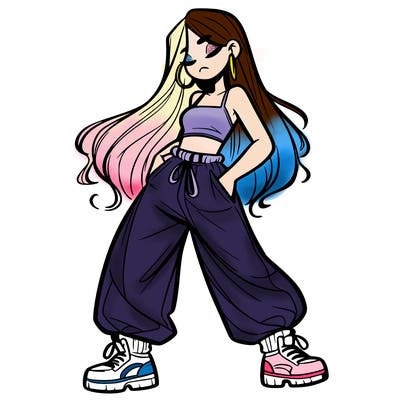 girl in baggy pants crop top and long hair