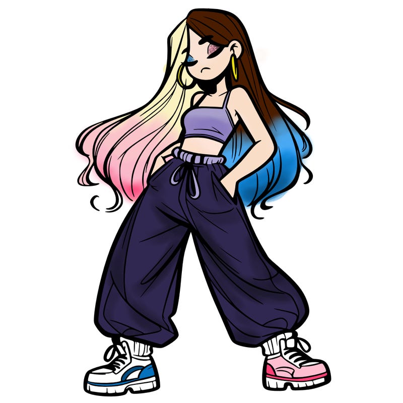 girl in baggy pants crop top and long hair