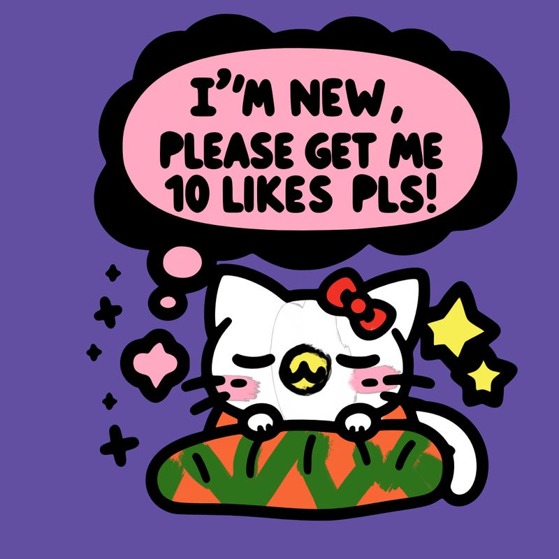 kitty taking a nap dream talking and saying "i'm new, please get me at least 10 likes pls!!"