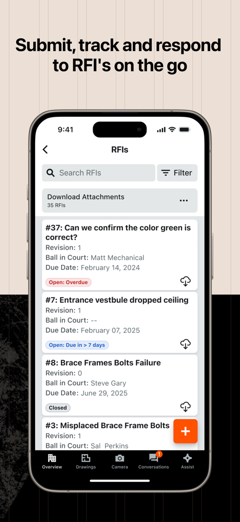 Procore mobile app interface for tracking and responding to construction RFIs on a job site