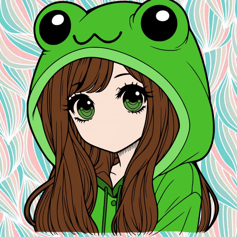 a pretty girl wearing a frog hoodie portrait with long hair