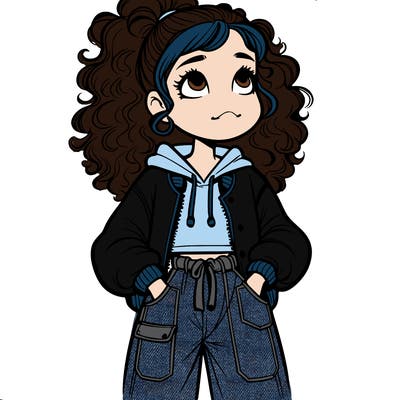 prett curly haired girl with a ponytail wearing baggy jeans and a baggy jacket looking up at the sky with her hands in her pockets