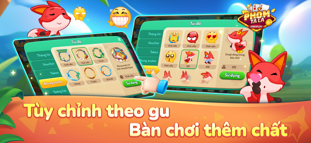 Phỏm Tá Lả ZingPlay Global - Menú de personalización en el juego para seleccionar marcos de avatar y emojis interactivos en Phom Ta La ZingPlay