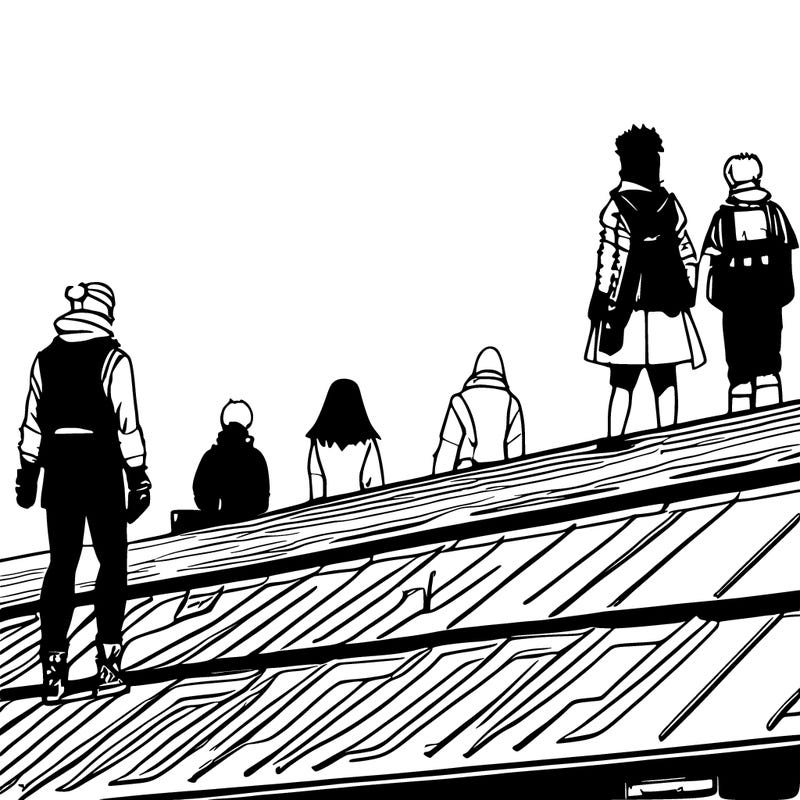 anime characters standing on a roof