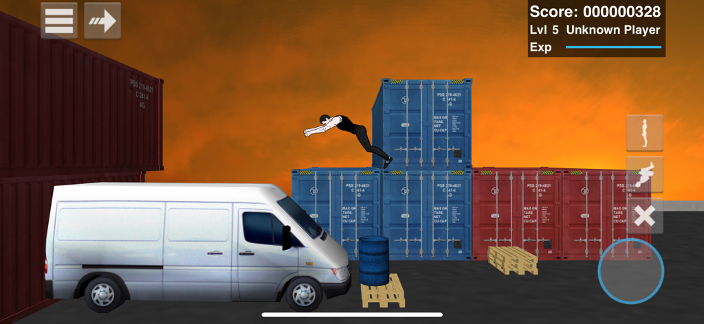 Backflip Madness - A character performing a backflip stunt over a white van and cargo containers at sunset in Backflip Madness