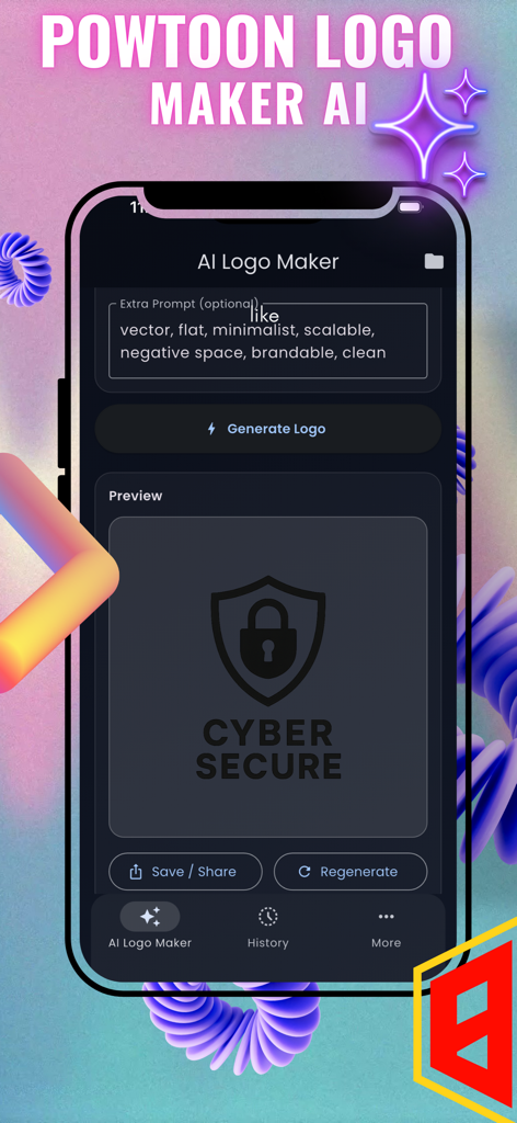 Powtoon AI : Generator Logo - Pantalla de smartphone mostrando la interfaz de Powtoon AI Logo Maker con una vista previa del logo generado para una marca de Ciberseguridad.