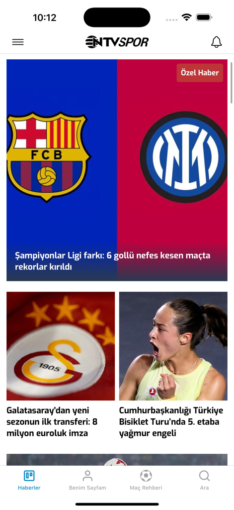 NTV Spor - Sporun Adresi - NTV Spor mobile app home screen showing various sports news headlines and match updates
