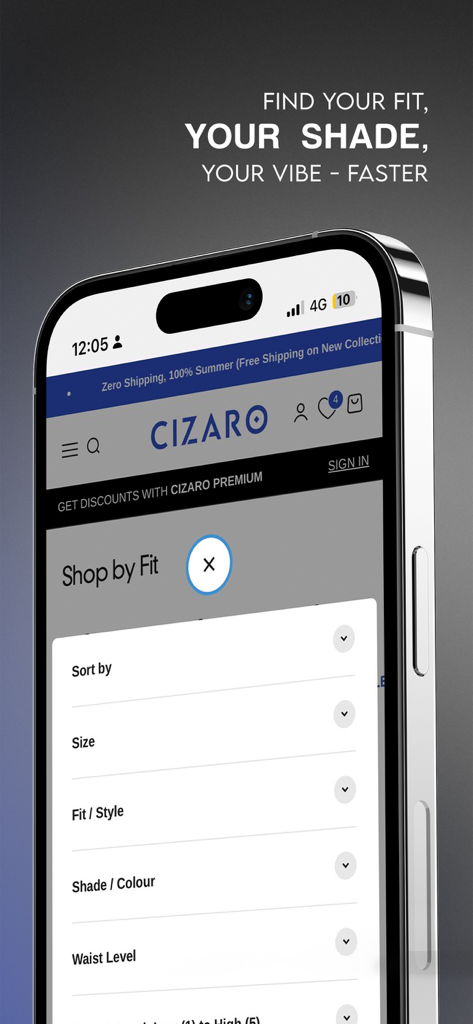 Cizaro Egypt - Online Fashion - Cizaro Egypt mobile app interface showing shop by fit and denim style filters