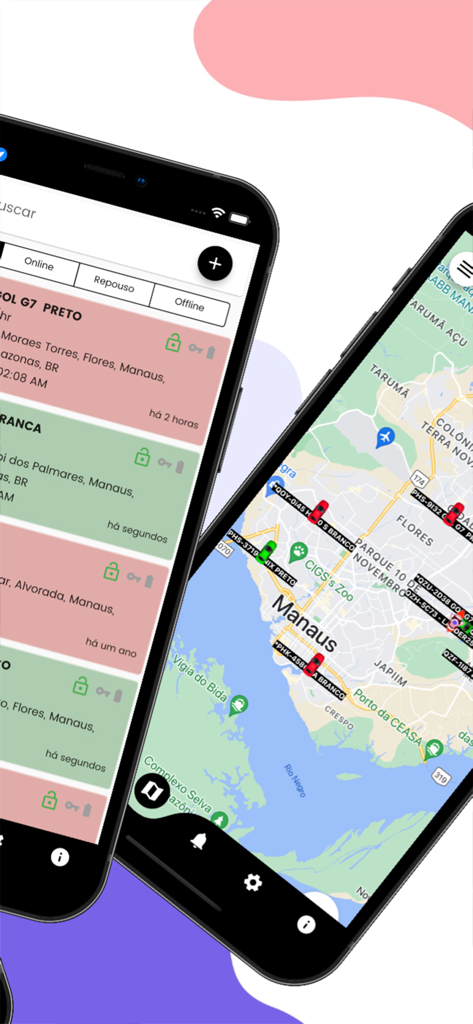 Localize JA Rastreamento - Telas do aplicativo Localize JA Rastreamento exibindo o status de monitoramento do veículo e um mapa de rastreamento GPS ao vivo