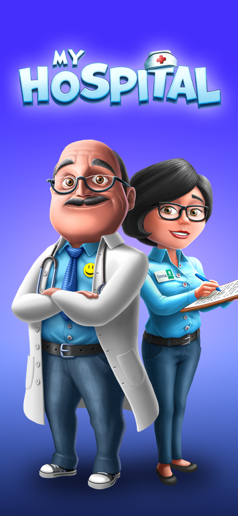 My Hospital: Decorate and Heal - 파란색 배경에 나의 병원 시뮬레이션 게임 로고의 엠마라는 이름의 남성 의사와 여성 간호사 캐릭터.