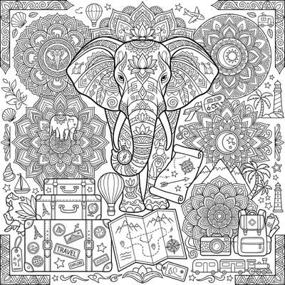 Journey into creativity with this stunning Elephant Mandala, intricately designed to evoke the spirit of vacation and travel. Discover hidden details of adventure, from ancient maps to bustling suitcases, all awaiting your artistic touch.