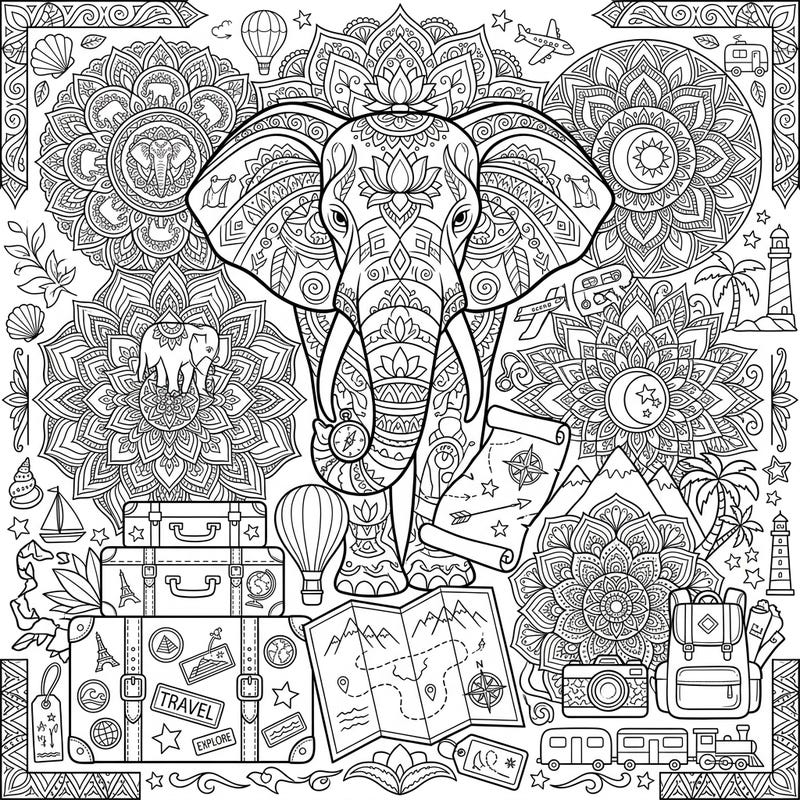 Journey into creativity with this stunning Elephant Mandala, intricately designed to evoke the spirit of vacation and travel. Discover hidden details of adventure, from ancient maps to bustling suitcases, all awaiting your artistic touch.