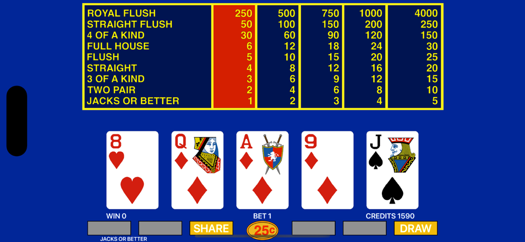 ジャックオアベターのペイテーブルと5枚のカードが表示されたビデオポーカーゲームインターフェイス